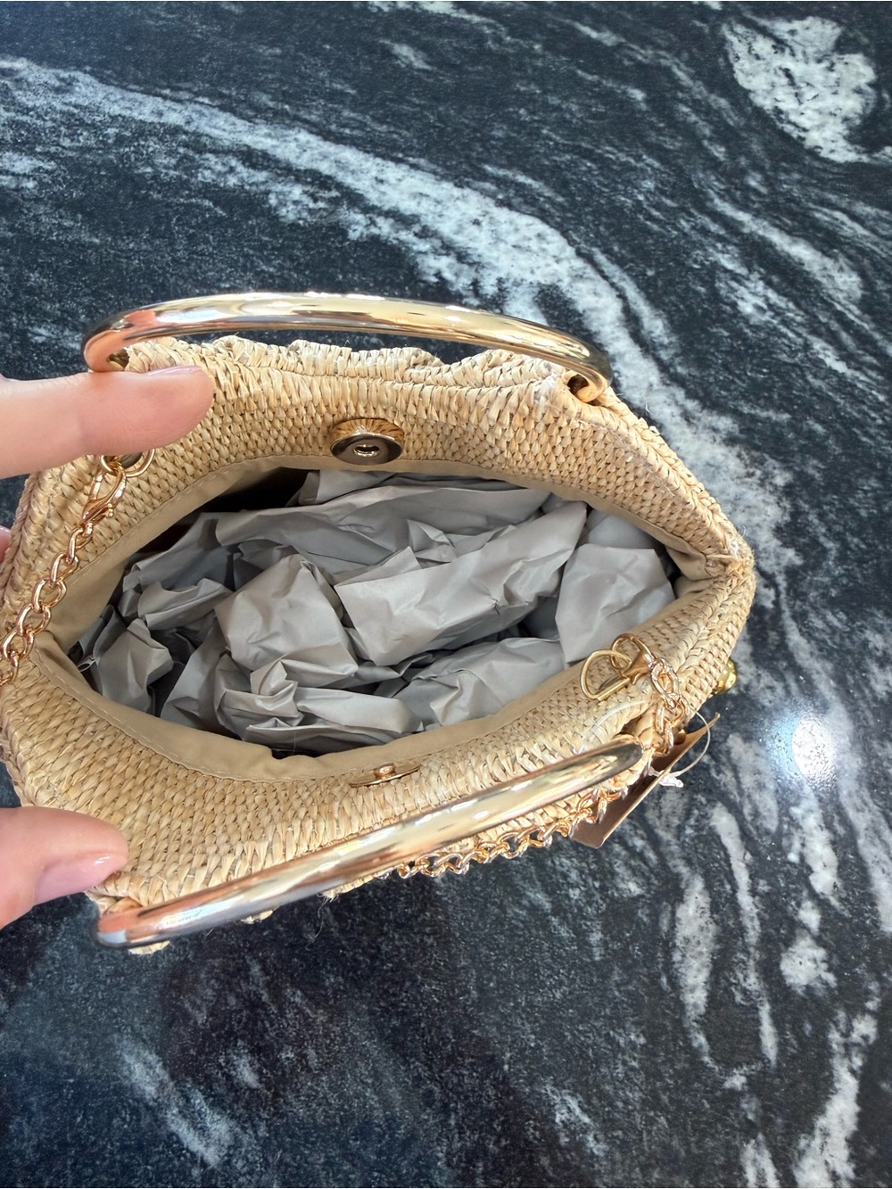 Savannah Natural Straw Mini Handbag with Gold Studs & Chain - Picture 5 of 14